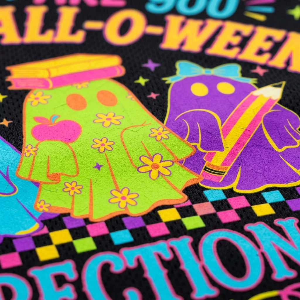 Close-up of a colorful Halloween-themed printed design with cartoon ghosts, flowers, stars, and bold text on a black background.