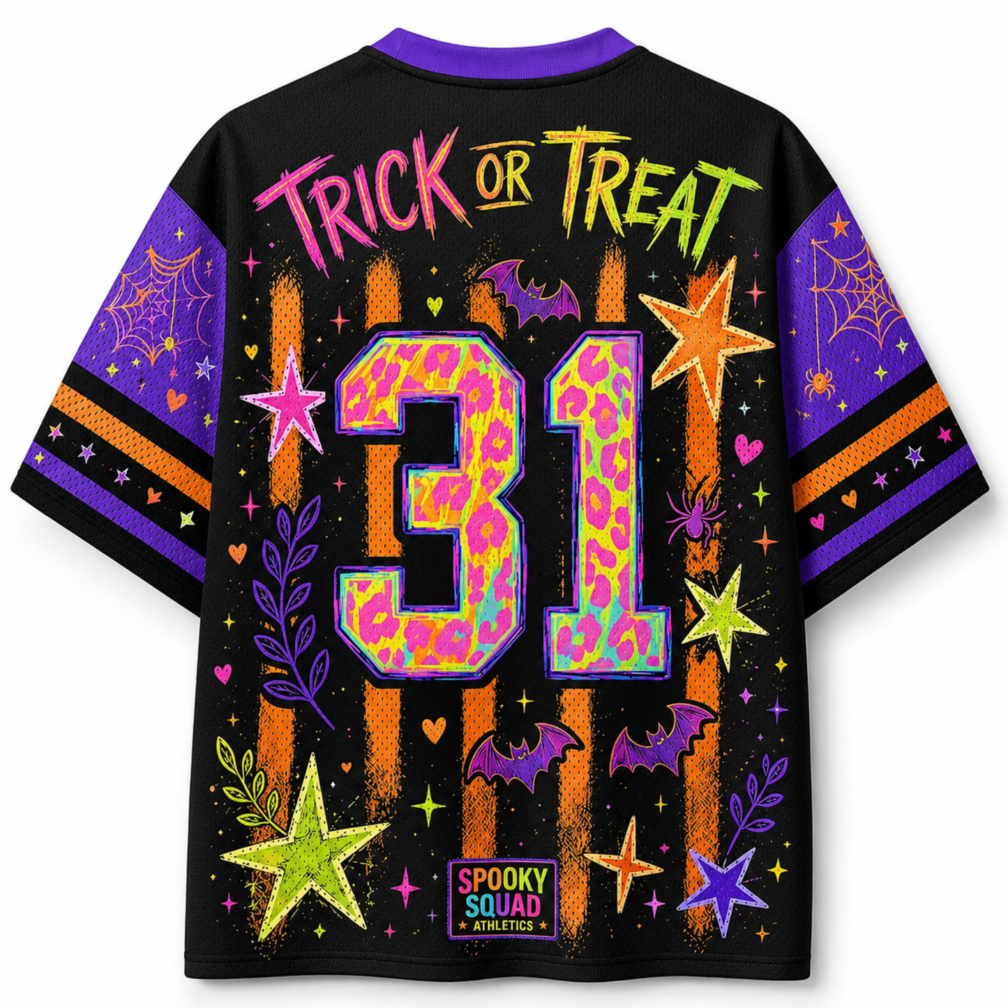 A black short-sleeve t-shirt with a vibrant, colorful Halloween-themed graphic on the back. The design features the words 'TRICK OR TREAT' in neon pink and green, a large number '31' filled with a pink leopard print pattern, purple spiderwebs, orange spiderwebs on the sleeves, bats, stars, and the text 'SPOOKY SQUAD' at the bottom.