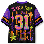 A black short-sleeve t-shirt with a vibrant, colorful Halloween-themed graphic on the back. The design features the words 'TRICK OR TREAT' in neon pink and green, a large number '31' filled with a pink leopard print pattern, purple spiderwebs, orange spiderwebs on the sleeves, bats, stars, and the text 'SPOOKY SQUAD' at the bottom.