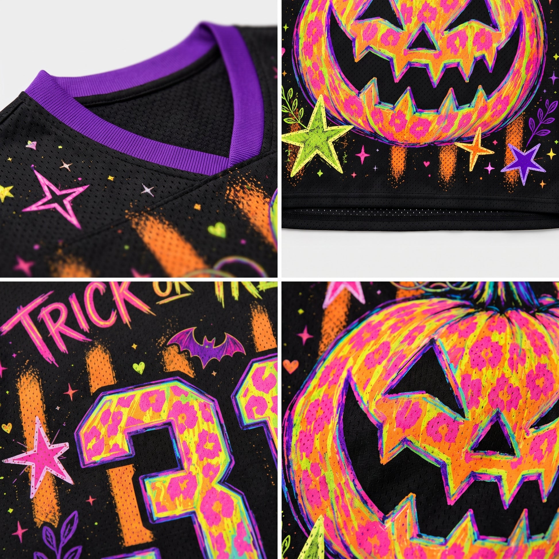 A close-up collage of a black athletic jersey with Halloween graphics, including a purple collar, neon jack-o'-lantern print, stars, bats, and the word 'TRICK or TIE'.