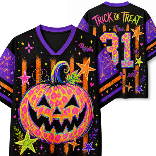 Front and back views of a black V-neck Halloween jersey shirt with purple trim. The front features a large neon pink and orange patterned jack-o'-lantern with stars, bats, and stripes.