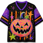 A black short-sleeve V-neck t-shirt with a vibrant, neon-colored Halloween graphic featuring a jack-o'-lantern pumpkin, purple spiderwebs, orange stripes, and stars on the sleeves.