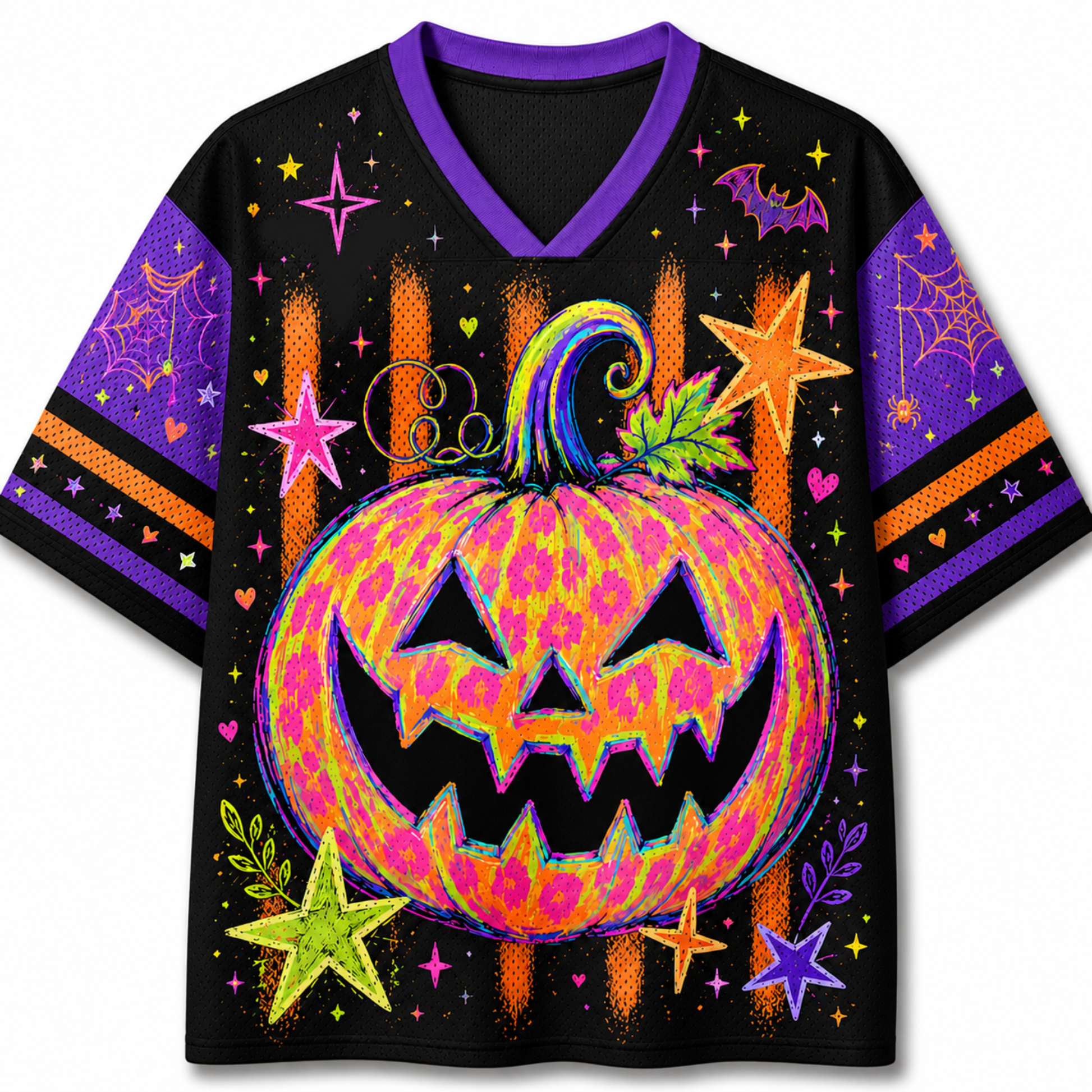 A black short-sleeve V-neck t-shirt with a vibrant, neon-colored Halloween graphic featuring a jack-o'-lantern pumpkin, purple spiderwebs, orange stripes, and stars on the sleeves.