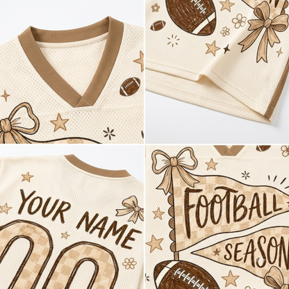 A four-panel close-up collage of a cream mesh football-themed jersey or shirt. The top-left panel shows the V-neck collar in tan.