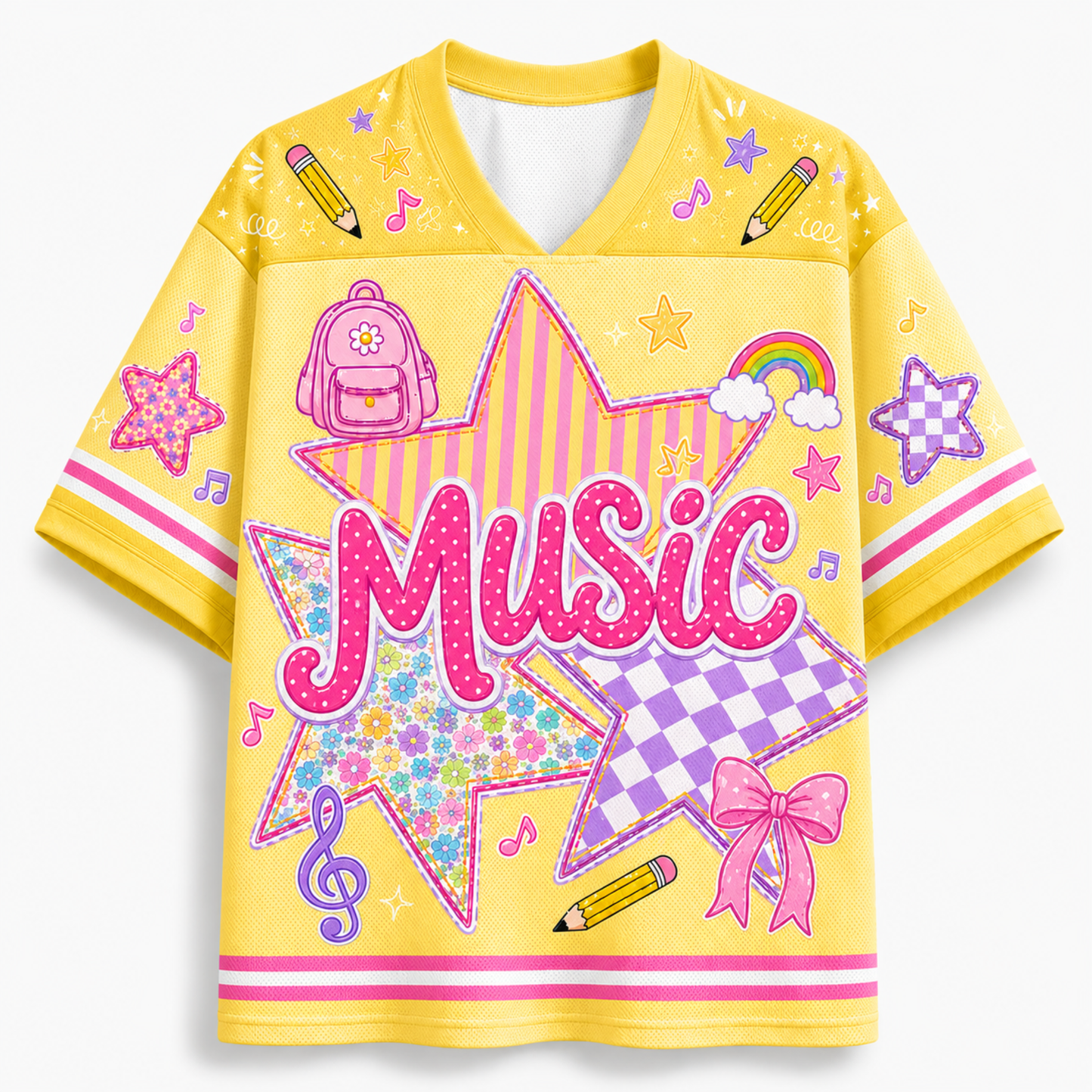 Front view of the yellow varsity jersey displaying 'MUSIC' typography over checkerboard stars surrounded by rainbows, pencils, and coquette ribbon bows.