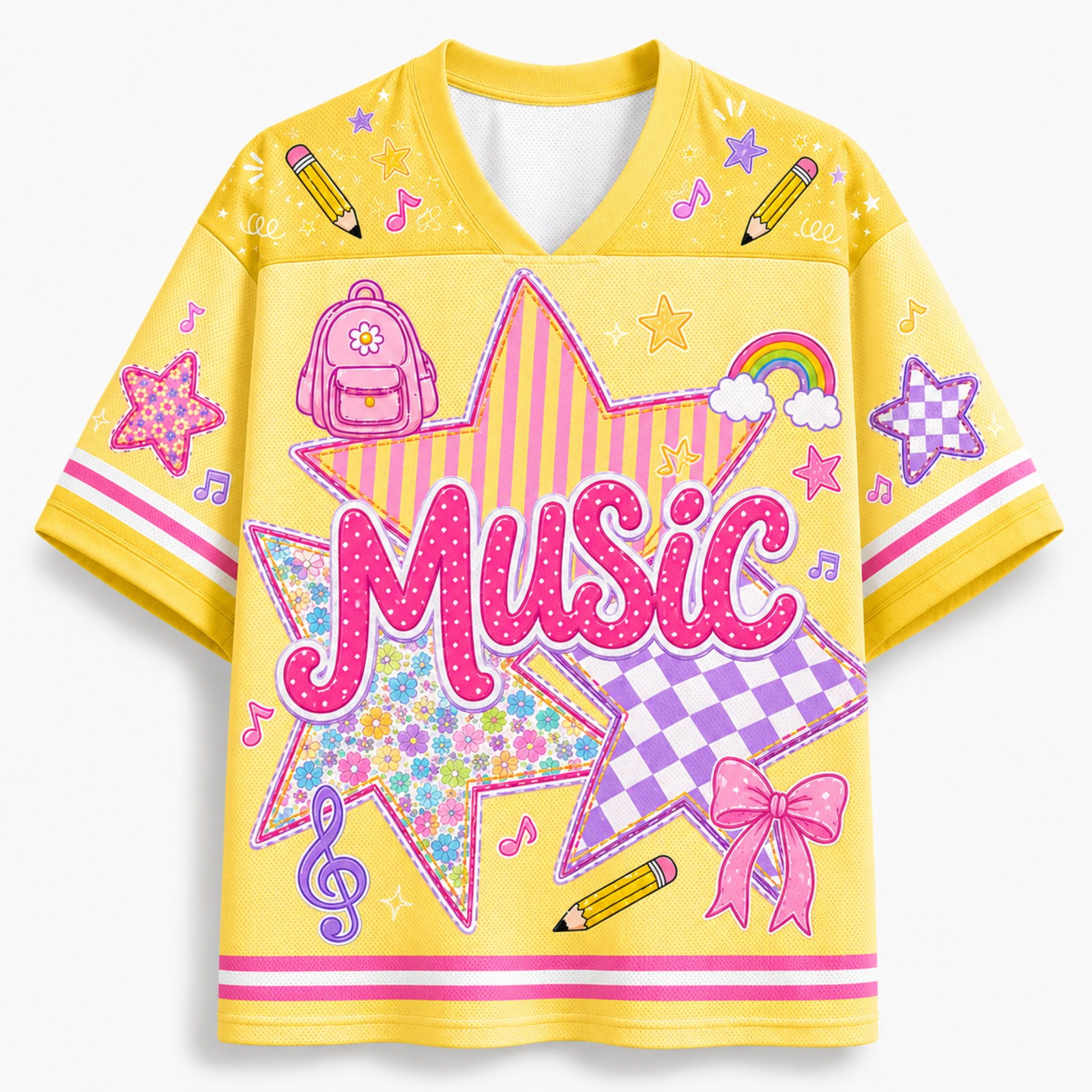 Front view of the yellow varsity jersey displaying 'MUSIC' typography over checkerboard stars surrounded by rainbows, pencils, and coquette ribbon bows.