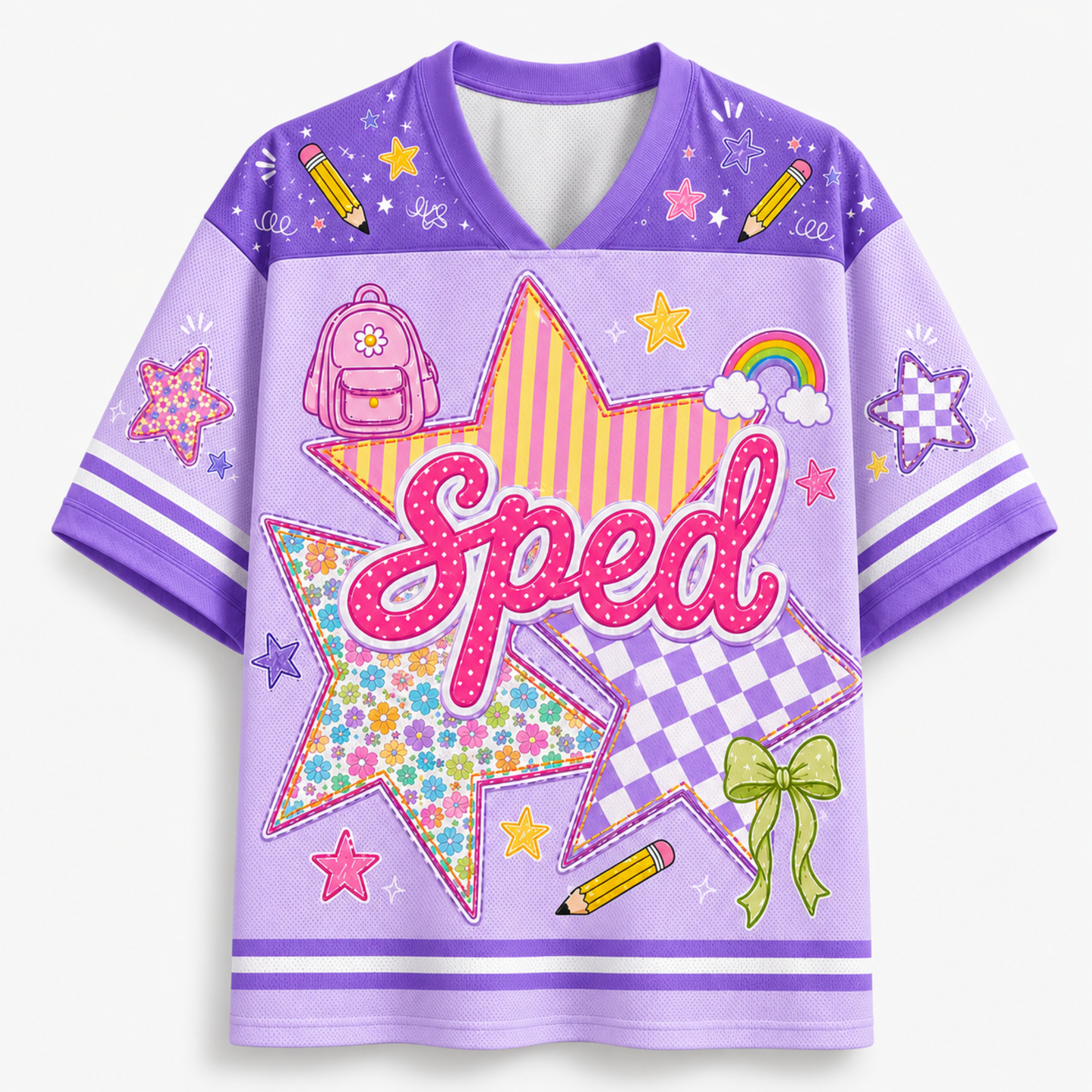 Front view of the yellow varsity jersey displaying 'Sped' typography over checkerboard stars surrounded by rainbows, pencils, and coquette ribbon bows.