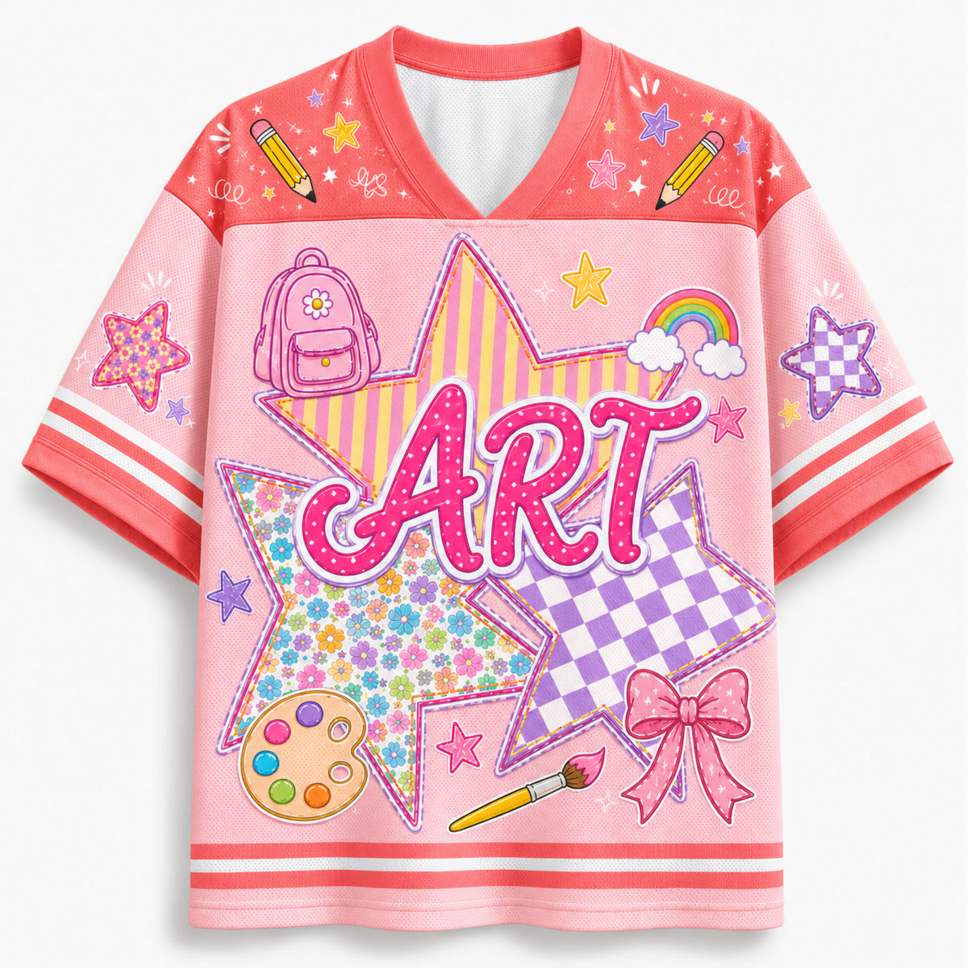 Front view of the yellow varsity jersey displaying 'Art' typography over checkerboard stars surrounded by rainbows, pencils, and coquette ribbon bows.