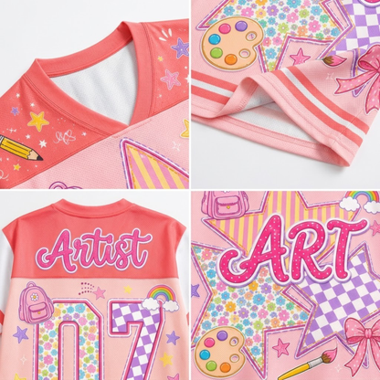 Product compilation highlighting the contrasting V-neck collar, dual sleeve athletic stripes, backpack and palette yoke doodles, and high-definition mesh print.