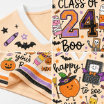 A collage showing close-up details of a peach-colored V-neck t-shirt with Halloween-themed graphics and text including 'CLASS OF 2024 BOO', 'happy to see', a pumpkin with a witch hat, a mummy, a bat, stars, and candy illustrations.