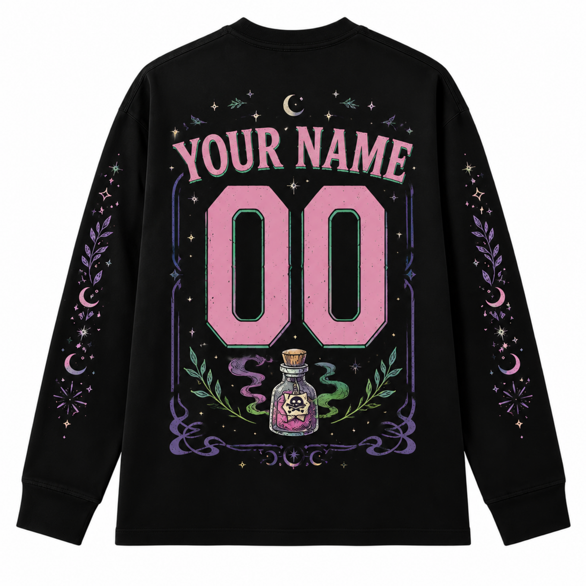 Back view of Chaotic Club Long Sleeve Jersey displaying customizable player name, pink sports number, skull potion bottle, and celestial vines.