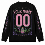 Back view of Chaotic Club Long Sleeve Jersey displaying customizable player name, pink sports number, skull potion bottle, and celestial vines.