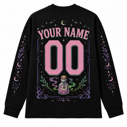 Back view of Chaotic Club Long Sleeve Jersey displaying customizable player name, pink sports number, skull potion bottle, and celestial vines.