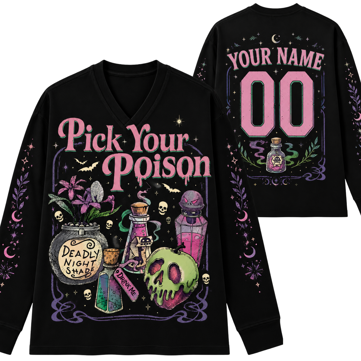 Front and back view of Chaotic Club Pick Your Poison Apothecary Halloween Long Sleeve Jersey in black and pastel pink with customizable name back.