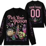 Front and back view of Chaotic Club Pick Your Poison Apothecary Halloween Long Sleeve Jersey in black and pastel pink with customizable name back.