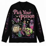 Front view of Chaotic Club Long Sleeve Jersey featuring Pick Your Poison lettering, deadly nightshade potion, dripping skull apple, and potion bottles.