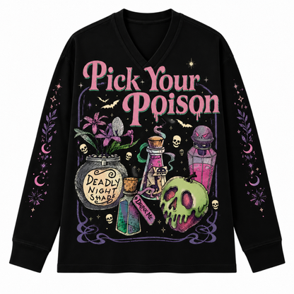 Front view of Chaotic Club Long Sleeve Jersey featuring Pick Your Poison lettering, deadly nightshade potion, dripping skull apple, and potion bottles.