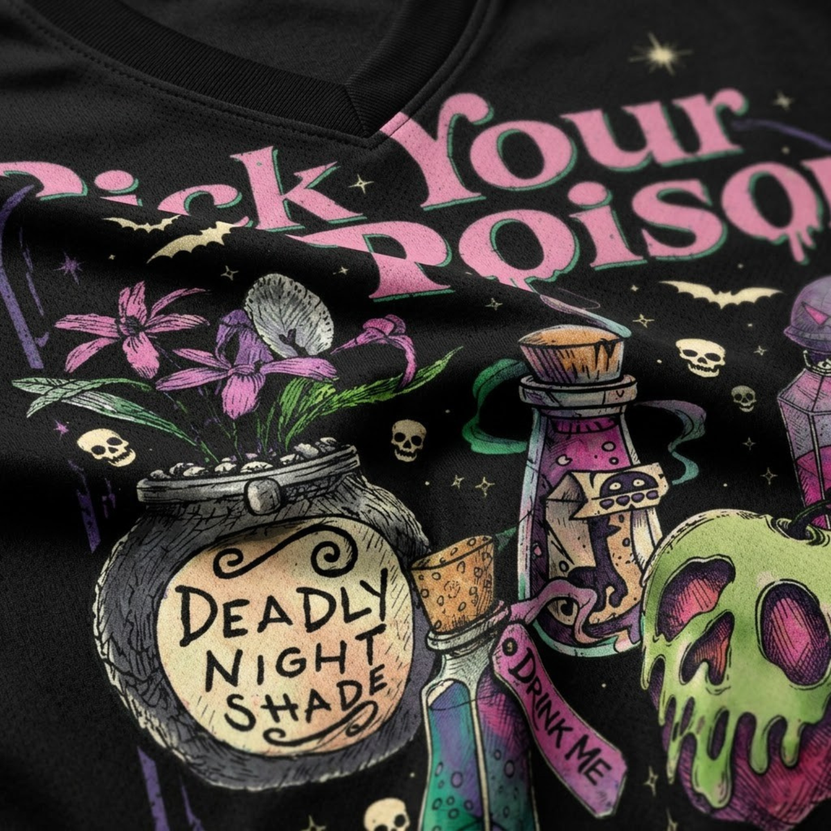 High-detail close-up of Pick Your Poison typography, green poison skull apple, Drink Me potion flask, and deadly nightshade flowers.
