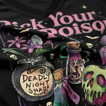 High-detail close-up of Pick Your Poison typography, green poison skull apple, Drink Me potion flask, and deadly nightshade flowers.