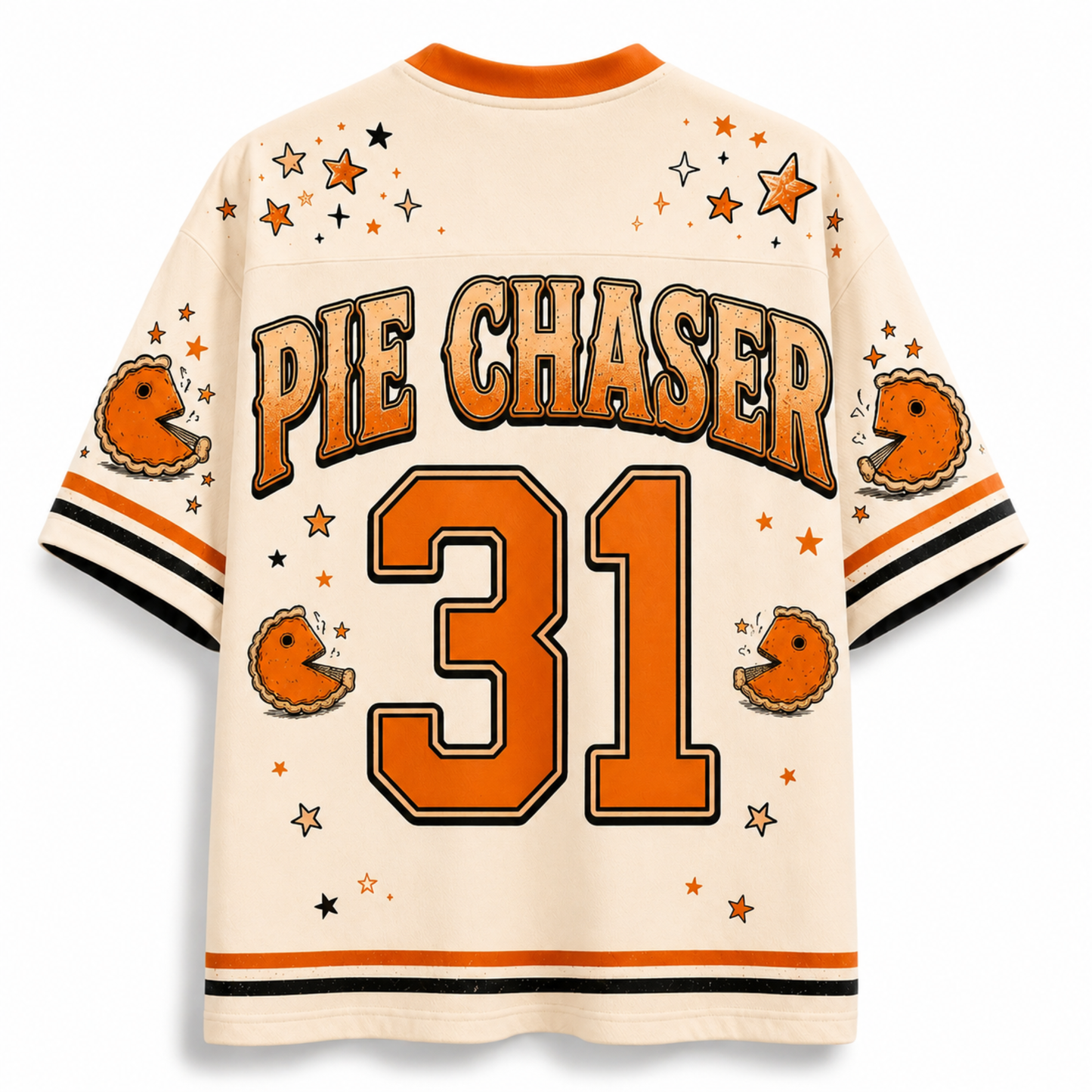 Back view of a cream-colored Pie Chaser 31 jersey with orange and black accents, featuring a retro football theme with stars, stripes, and Pac-Man graphics.
