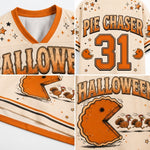 A collage showing close-up details of a Halloween-themed football jersey. The jersey has a cream base with orange trim, featuring 'HALLOWEEN' and 'PIE CHASER' in distressed orange lettering, the number '31', and a graphic of a large orange pie eating turkeys.