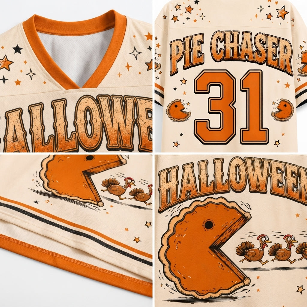 A collage showing close-up details of a Halloween-themed football jersey. The jersey has a cream base with orange trim, featuring 'HALLOWEEN' and 'PIE CHASER' in distressed orange lettering, the number '31', and a graphic of a large orange pie eating turkeys.