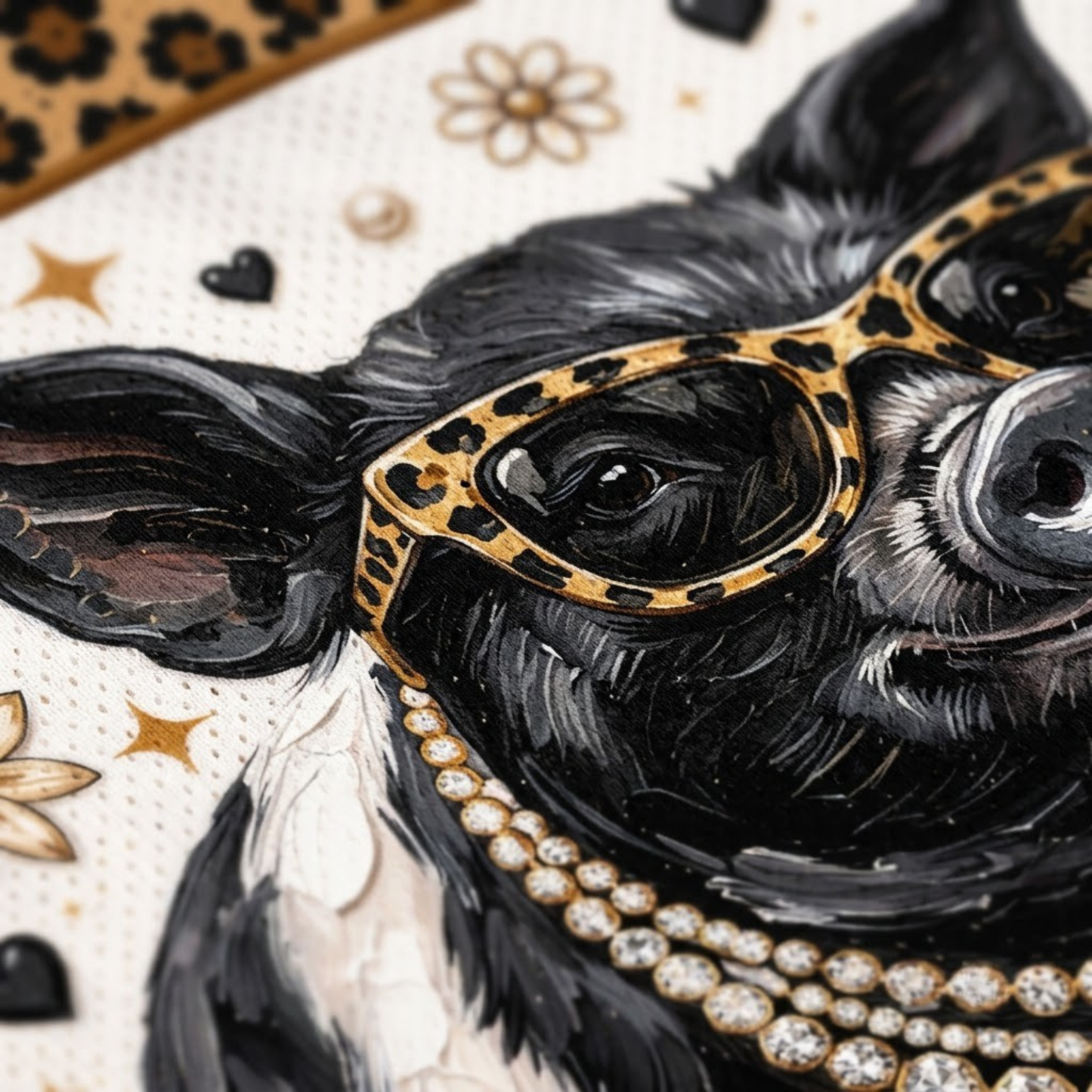 Close-up of a black-and-white dog wearing leopard-print sunglasses and a pearl necklace on a cream patterned background with gold stars and hearts.