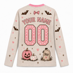 Back view of Chaotic Club Ghost Halloween Long Sleeve Jersey displaying customizable player name, polka dot number, and spooky bats design.