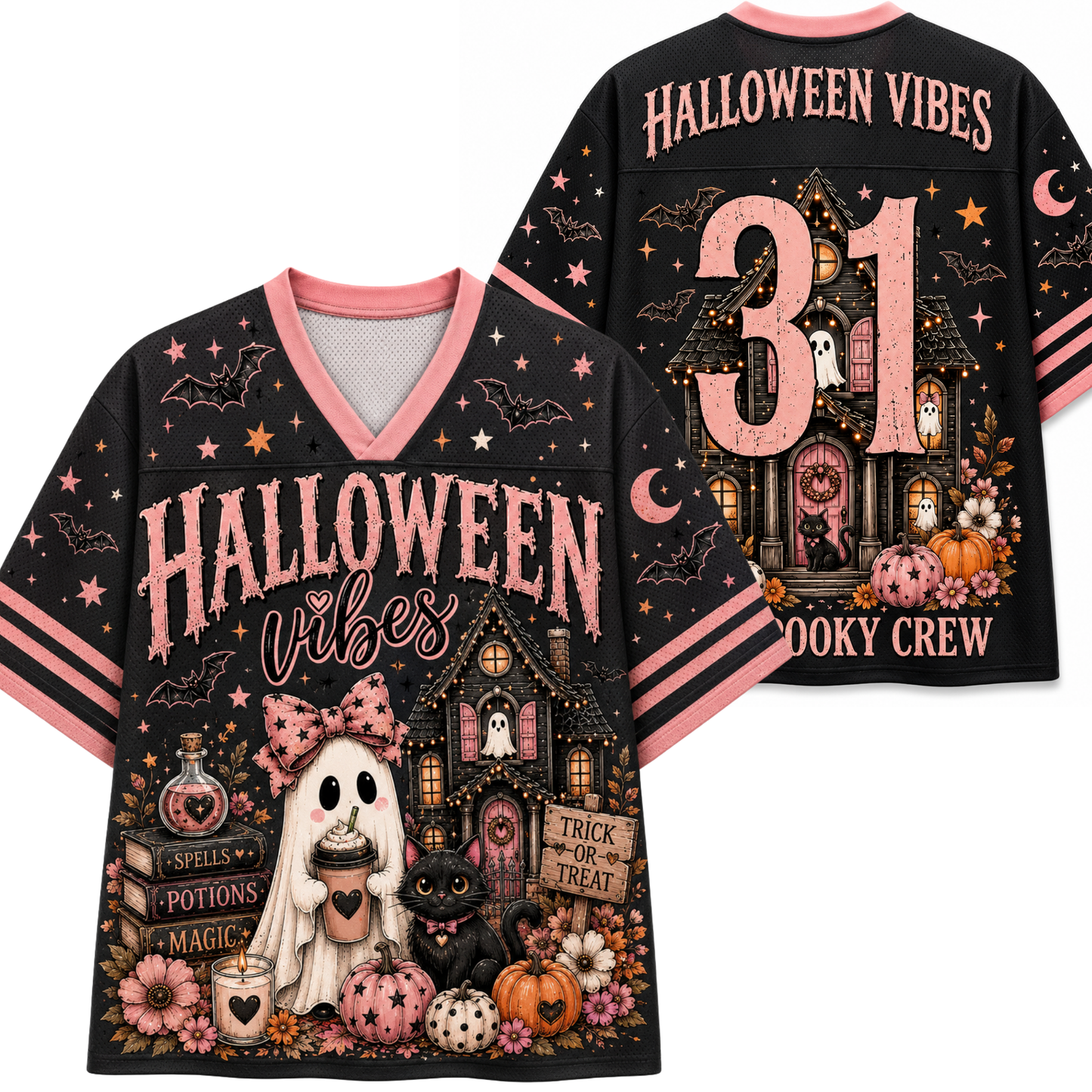 Black V-neck short-sleeve jersey-style shirt shown front and back with Halloween graphics. The front features pink 'HALLOWEEN VIBES' text, a ghost, haunted house, pumpkins, stars, bats, and spell bottles.