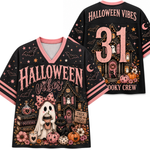 Black V-neck short-sleeve jersey-style shirt shown front and back with Halloween graphics. The front features pink 'HALLOWEEN VIBES' text, a ghost, haunted house, pumpkins, stars, bats, and spell bottles.