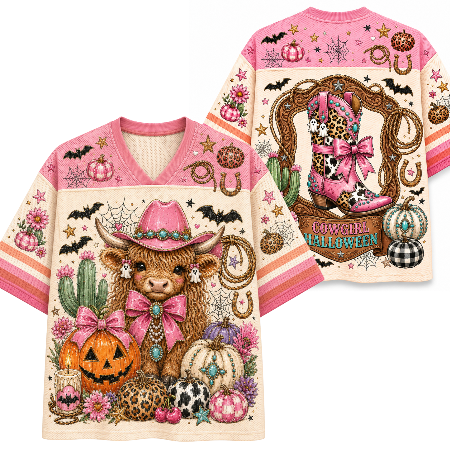 A pink and cream V-neck t-shirt with a detailed 'Cowgirl Halloween' graphic print, shown in both front and back views. The design features a highland cow in a pink cowboy hat, pumpkins, cacti, bats, and horseshoes.