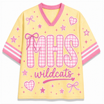 Front view of the pastel yellow varsity jersey displaying 'MHS' in pink gingham plaid patter