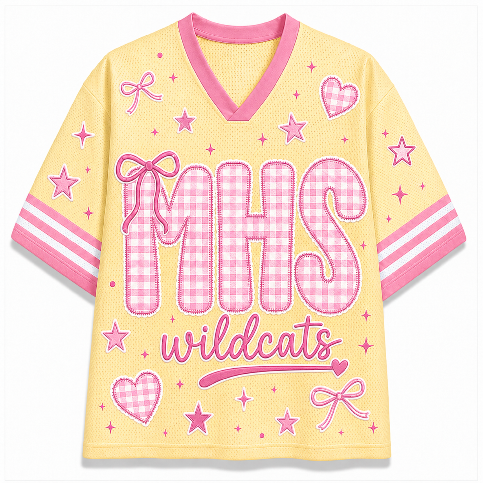 Front view of the pastel yellow varsity jersey displaying 'MHS' in pink gingham plaid patter