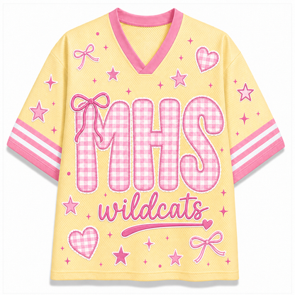 Front view of the pastel yellow varsity jersey displaying 'MHS' in pink gingham plaid patter