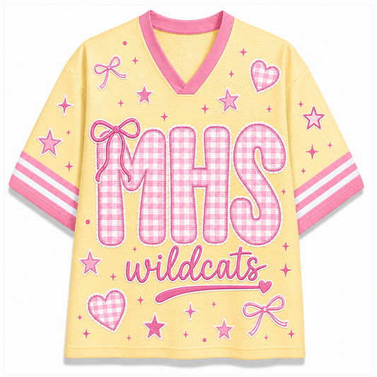 Front view of the pastel yellow varsity jersey displaying 'MHS' in pink gingham plaid patter