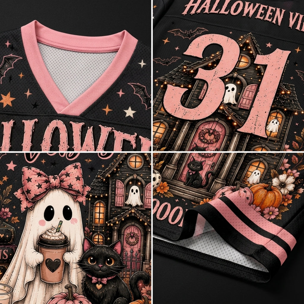 A close-up collage of a black V-neck jersey with pink trim and Halloween-themed printed artwork, including a haunted house, ghosts, a black cat, pumpkins, stars, and large pink '31' lettering.