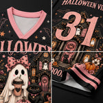 A close-up collage of a black V-neck jersey with pink trim and Halloween-themed printed artwork, including a haunted house, ghosts, a black cat, pumpkins, stars, and large pink '31' lettering.