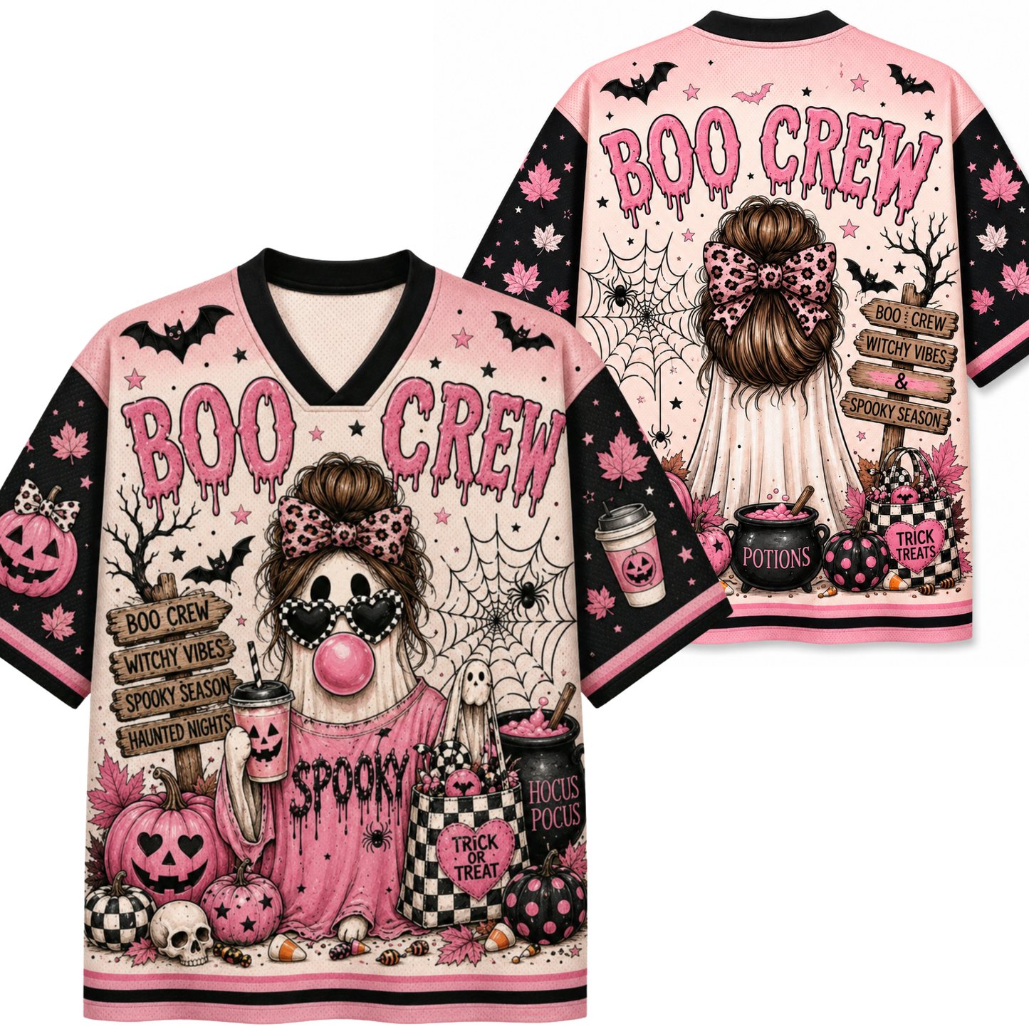 A Halloween-themed long-sleeve V-neck t-shirt shown from both front and back. The shirt features a pink and black color scheme with a detailed cartoon illustration of a spooky girl, pumpkins, bats, cobwebs, and text reading 'BOO CREW' and 'Spooky'.