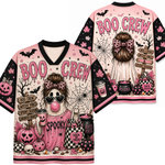 A Halloween-themed long-sleeve V-neck t-shirt shown from both front and back. The shirt features a pink and black color scheme with a detailed cartoon illustration of a spooky girl, pumpkins, bats, cobwebs, and text reading 'BOO CREW' and 'Spooky'.