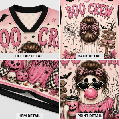 A four-panel collage showing a pink Halloween-themed V-neck jersey from multiple angles: collar detail, back detail, hem detail, and print detail. The design includes dripping 'BOO CREW' lettering, spiderwebs, skulls, pumpkins, bats, a witch figure, and a clown face with heart-shaped sunglasses and a pink bubblegum bubble.