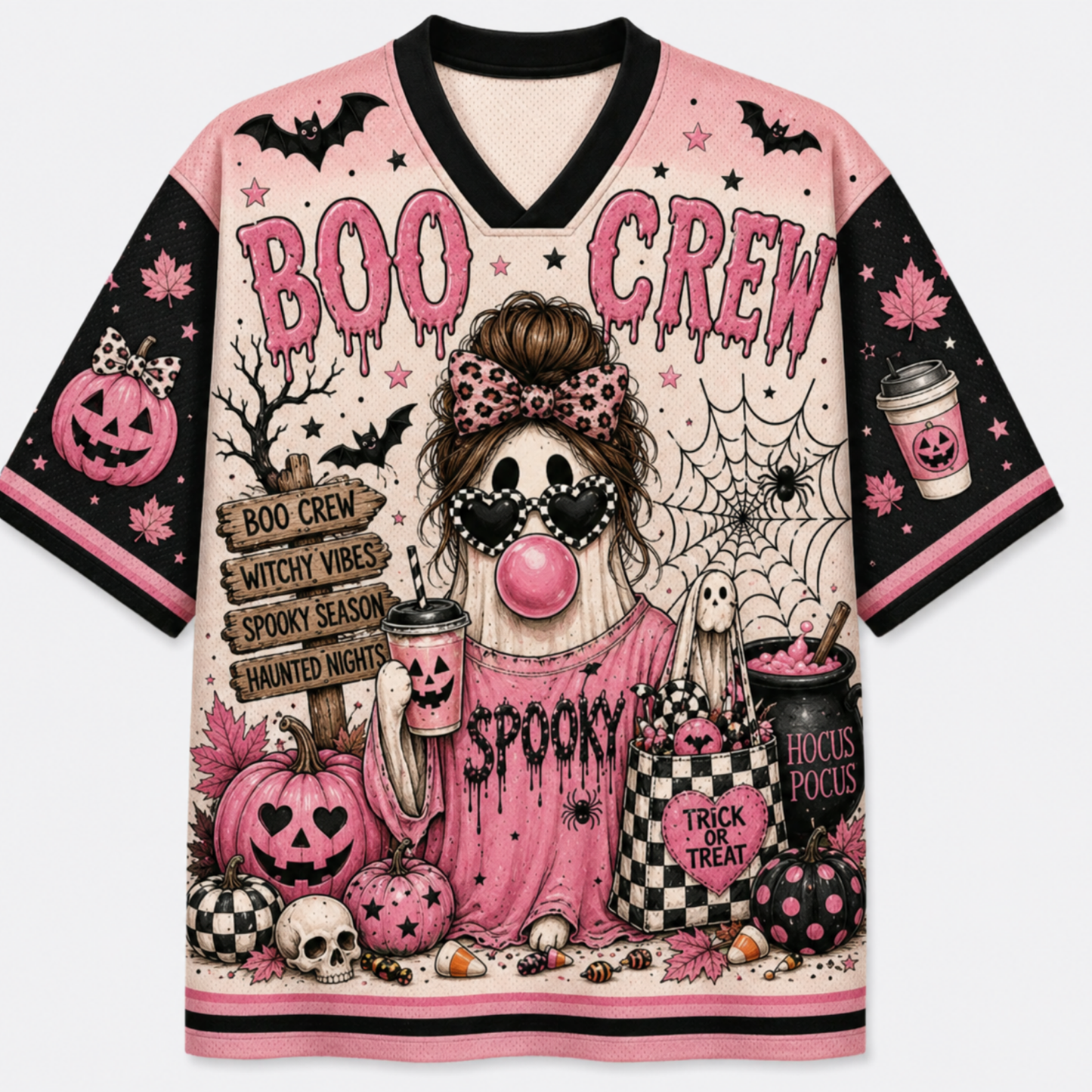 A short-sleeve V-neck t-shirt with a pink and black Halloween theme, featuring a cartoon witch character, pumpkins, skulls, spiderwebs, and the text 'BOO CREW' and 'Spooky'.