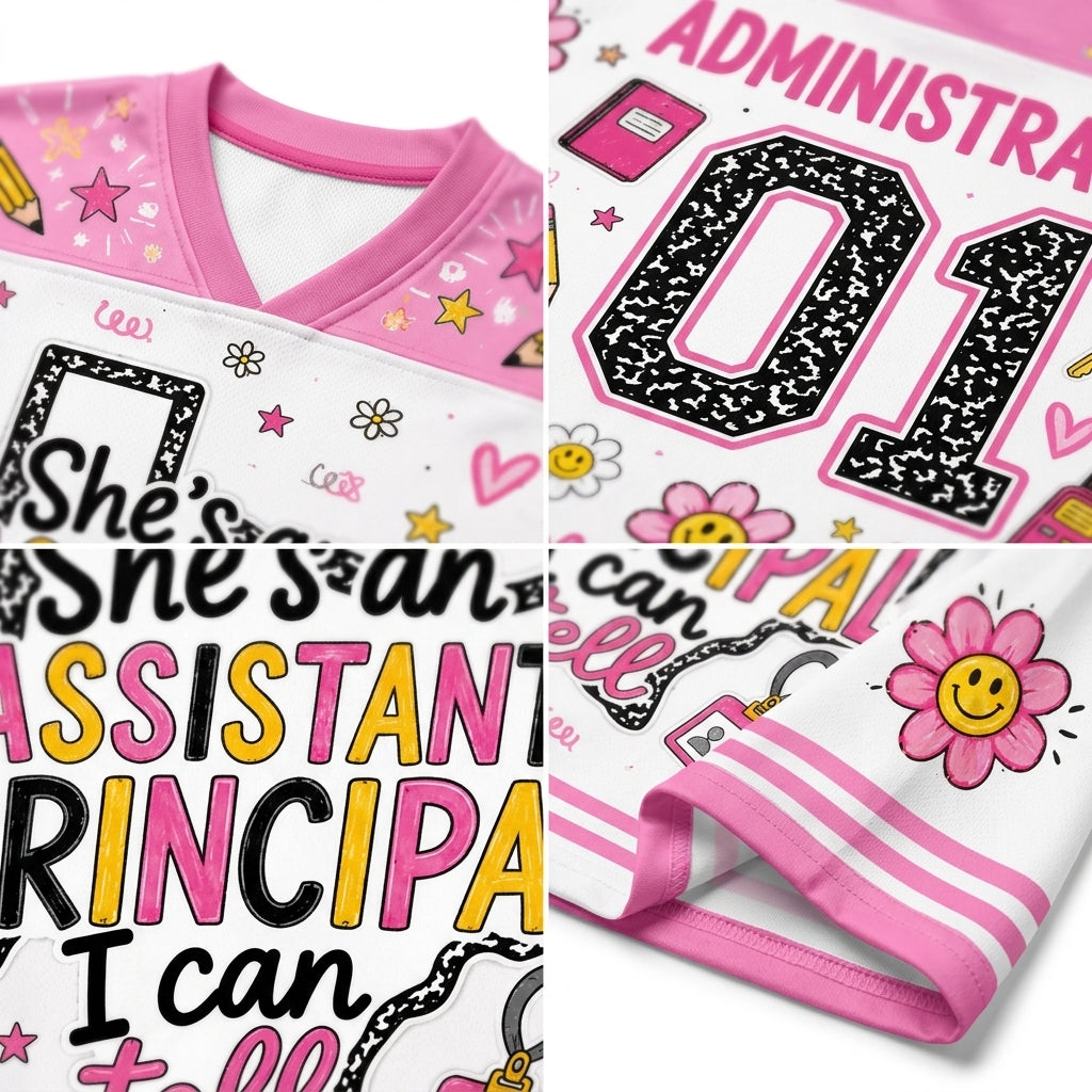 A collage showing a children's short-sleeve V-neck top in white and pink with colorful graphic prints. The design includes the words 'She's an ASSISTANT PRINCIPAL I can tell', large black-and-pink 'ADMIN' lettering, a large '01' number, smiley-face flowers, stars, pencils, and striped trim.