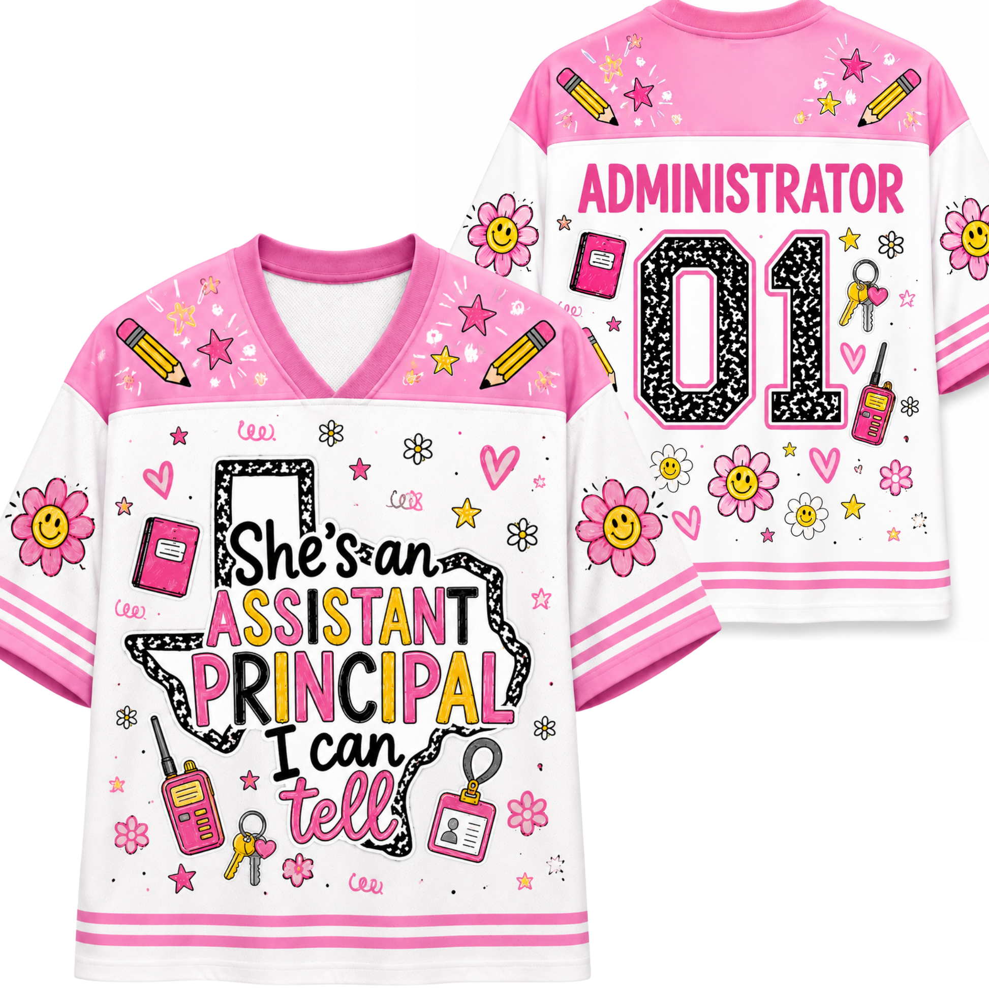 Front and back mockup preview of the pink and white Chaotic Club School Staff jersey featuring a Texas state map graphic, walkie-talkie, ID card, and number 01.