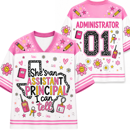 Front and back mockup preview of the pink and white Chaotic Club School Staff jersey featuring a Texas state map graphic, walkie-talkie, ID card, and number 01.