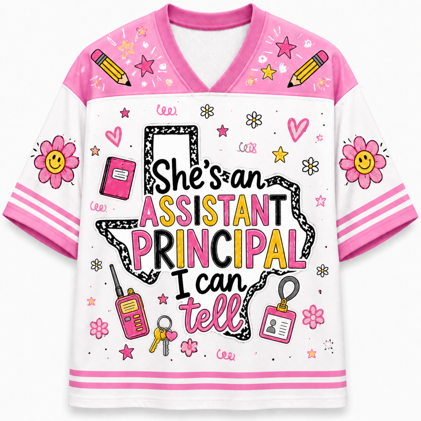 A women's V-neck t-shirt with a white body and pink shoulders, sleeves, and collar. The front features a graphic with the text 'She's an ASSISTANT PRINCIPAL I can tell' in pink, yellow, and black lettering, surrounded by school-themed illustrations like flowers, pencils, a walkie-talkie, and a keychain.