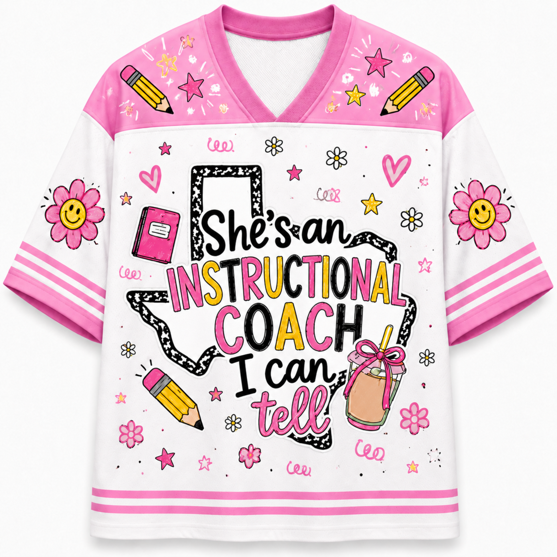 A girls' V-neck t-shirt with a white body and pink sleeves/collar, decorated with colorful cartoon graphics including smiley-face flowers, pencils, stars, and the text 'She's an INSTRUCTIONAL COACH I can tell'.