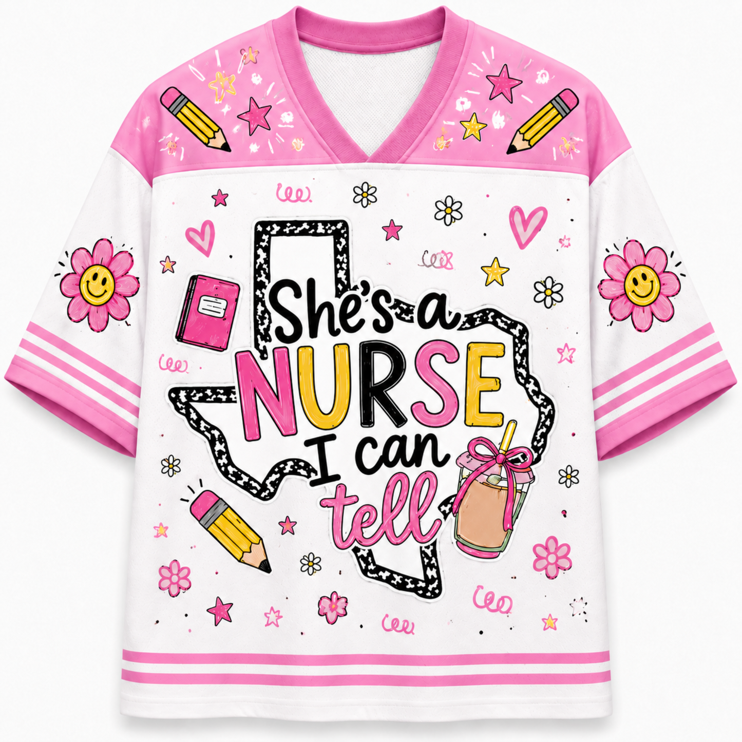 A short-sleeve V-neck t-shirt with a white body, pink collar and sleeves, featuring a 'She's a NURSE I can tell' graphic on the front with illustrations of flowers, pencils, and a coffee cup.