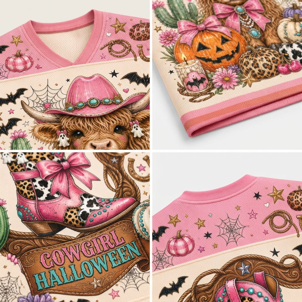 Product compilation highlighting the soft pink V-neck ribbed collar, pink and peach sleeve athletic stripes, lasso rope accents, and high-definition mesh print.