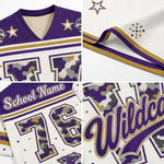 A four-panel collage showing details of a custom sports jersey: the purple and white upper chest with gold stars, a close-up of the purple and gold trim, the back with 'School Name' and number '76' in a camouflage pattern, and a close-up of the purple, white, and gold 'Wildcat' script.