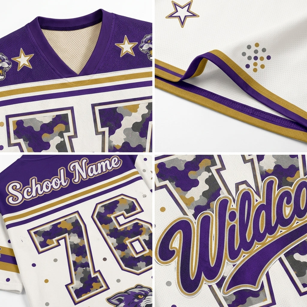 A four-panel collage showing details of a custom sports jersey: the purple and white upper chest with gold stars, a close-up of the purple and gold trim, the back with 'School Name' and number '76' in a camouflage pattern, and a close-up of the purple, white, and gold 'Wildcat' script.